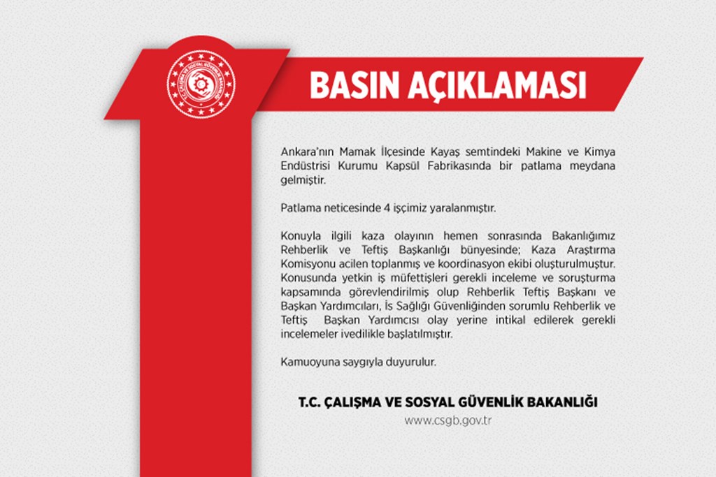 Bakanlık’tan MKE’de Meydana Gelen Patlama ile İlgili Açıklama