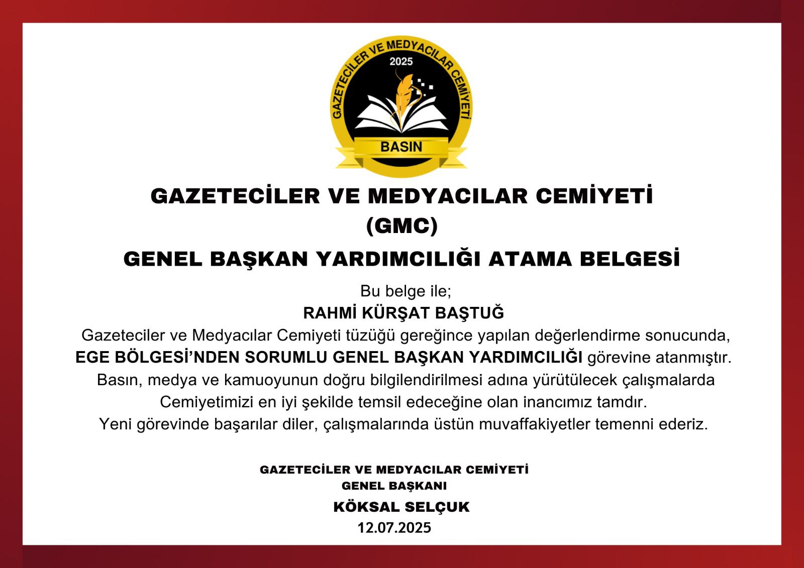 Gazeteciler ve Medyacılar Cemiyeti’nde Yeni Atama: Rahmi Kürşat Baştuğ, Genel Başkan Yardımcılığına Getirildi