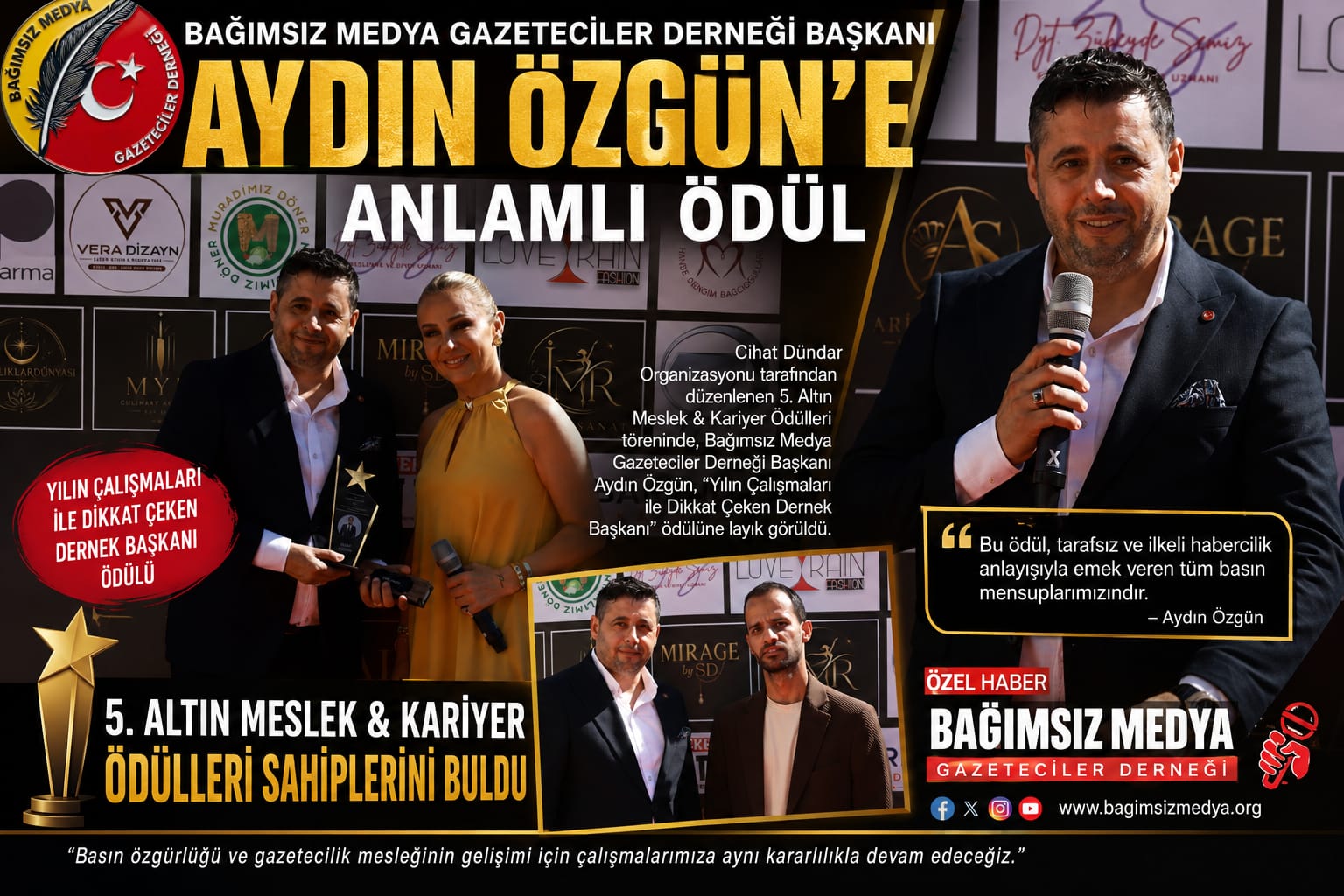 Bağımsız Medya Gazeteciler Derneği Başkanı Aydın Özgün’e Anlamlı Ödül!!