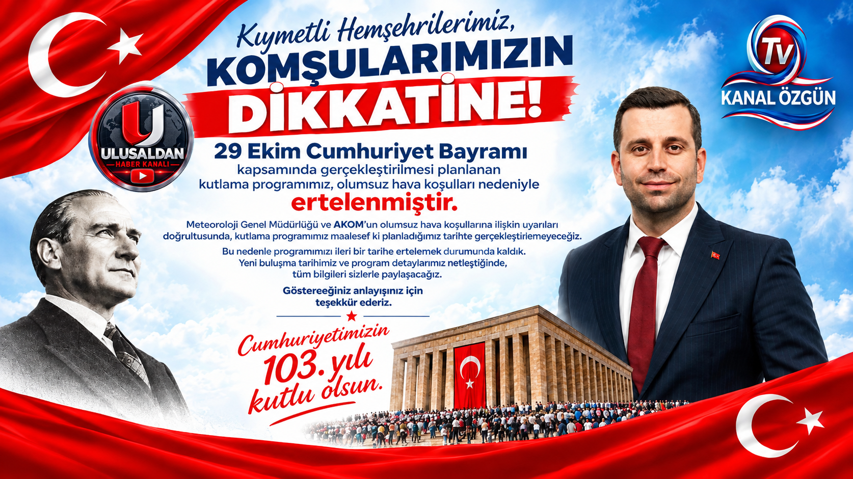 29 Ekim Cumhuriyet Bayramı Kutlama Programı Ertelendi